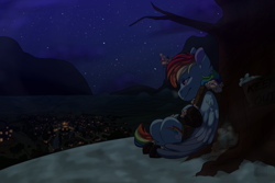 Size: 3000x2000 | Tagged: safe, artist:glitterstar2000, character:rainbow dash, species:pegasus, species:pony, boots, canterlot, clothing, female, implied tank, jacket, mare, night, ponyville, shoes, snow, solo, tree