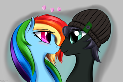 Size: 2875x1928 | Tagged: safe, artist:renarde-louve, character:rainbow dash, oc, species:pegasus, species:pony, canon x oc, clothing, cute, duo, female, hat, mare, simple background