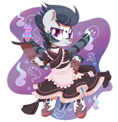 Size: 2100x2165 | Tagged: safe, artist:wavecipher, oc, oc only, oc:jungle rumble, species:pegasus, species:pony, bipedal, choker, clothing, crossdressing, cute, dress, flats, food, ghost, glass, gloves, hoof hold, ice cream, maid, male, markings, ocbetes, older, raised eyebrow, raised hoof, simple background, solo, stallion, tattoo, transparent background, tray, undead, ych result