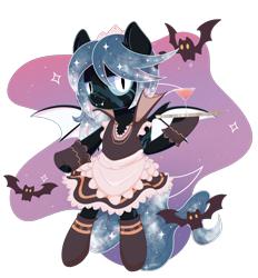 Size: 1948x2100 | Tagged: safe, artist:wavecipher, oc, oc only, oc:winter's night, species:bat, species:bat pony, species:pony, alcohol, apron, bat pony oc, bipedal, clothing, cute, dress, drink, ethereal mane, eye scar, fangs, female, fingerless gloves, galaxy mane, glass, gloves, hoof hold, maid, maid headdress, mare, martini, raised hoof, scar, simple background, socks, solo, stockings, thigh highs, transparent background, tray, ych result