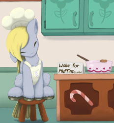 Size: 1650x1781 | Tagged: safe, artist:redquoz, character:derpy hooves, species:pegasus, species:pony, apron, bird pone, chef's hat, clothing, cute, derpabetes, ear down, eyes closed, female, hat, leg fluff, mare, sitting, sleeping, solo, stool, tail feathers, unshorn fetlocks, weapons-grade cute