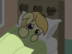 Size: 2048x1536 | Tagged: safe, artist:dinkyuniverse, character:noi, species:earth pony, species:pony, asking, bed, bedroom, blanket, female, filly, foal, night, pillow, sad, scared, teary eyes, window