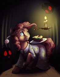 Size: 806x1024 | Tagged: safe, artist:28gooddays, character:pinkie pie, character:pound cake, character:pumpkin cake, cake, cake twins, candle, clothing, eyes in the dark, female, food, hat, nightcap, nightgown, nightmare, pajamas, prehensile mane, red eyes, siblings, solo, twins