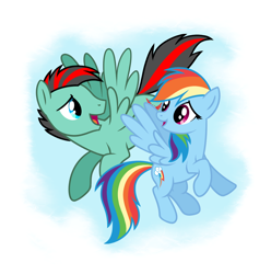 Size: 900x906 | Tagged: safe, artist:28gooddays, character:rainbow dash, oc, oc:ray blaze, species:pegasus, species:pony, canon x oc, cute, female, flying, looking at each other, male, mare, shipping, simple background, stallion, straight