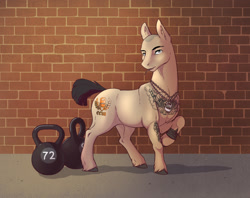 Size: 1280x1013 | Tagged: safe, artist:28gooddays, oc, oc only, species:pony, bald, dumbbell (object), male, solo, stallion, tattoo