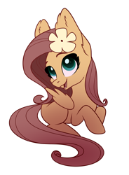 Size: 956x1302 | Tagged: safe, artist:28gooddays, character:fluttershy, species:pegasus, species:pony, chibi, cute, female, flower, flower in hair, mare, missing cutie mark, open mouth, prone, simple background, smiling, solo, white background