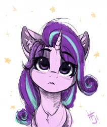 Size: 1600x1900 | Tagged: safe, artist:falafeljake, character:starlight glimmer, species:pony, species:unicorn, bust, chest fluff, cute, ear fluff, female, glimmerbetes, mare, portrait, simple background, solo, stars, white background, wrong eye color