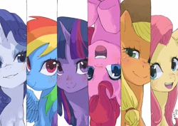 Size: 4093x2894 | Tagged: safe, artist:yanamosuda, character:applejack, character:fluttershy, character:pinkie pie, character:rainbow dash, character:rarity, character:twilight sparkle, species:earth pony, species:pegasus, species:pony, species:unicorn, blushing, bust, clothing, cowboy hat, cute, female, hat, high res, looking at you, mane six, mare, open mouth, portrait, side by side, upside down
