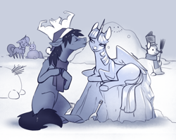 Size: 1194x948 | Tagged: safe, artist:28gooddays, character:trixie, character:twilight sparkle, character:twilight sparkle (alicorn), oc, species:alicorn, species:pony, kiss on the cheek, kissing, monochrome, snow, snowmare, ych example, ych sketch, your character here