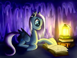 Size: 1600x1200 | Tagged: safe, artist:asimos, oc, oc only, book, cave, lantern, reading, solo