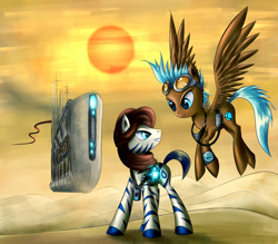 Size: 1600x1400 | Tagged: safe, artist:asimos, oc, oc only, species:pegasus, species:pony, species:zebra, clothing, desert, duo, goggles, ship, sun