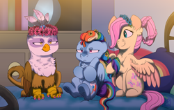 Size: 2200x1400 | Tagged: safe, artist:glitterstar2000, character:fluttershy, character:gilda, character:rainbow dash, species:griffon, species:pegasus, species:pony, alternate hairstyle, angry, bed, braid, braiding, chest fluff, chickub, cute, female, filly, filly fluttershy, filly rainbow dash, floral head wreath, flower, madorable, nail polish, pillow, tomboy taming, younger