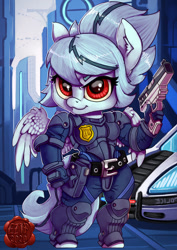Size: 707x1000 | Tagged: safe, artist:eztp, oc, oc:maelstrom, species:anthro, species:pegasus, species:pony, species:unguligrade anthro, chibi, clothing, cute, gun, police, police car, weapon, ych result