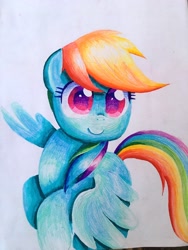 Size: 3072x4095 | Tagged: safe, artist:andromedasparkz, character:rainbow dash, species:pegasus, species:pony, female, flying, looking at you, mare, simple background, smiling, solo, traditional art, white background
