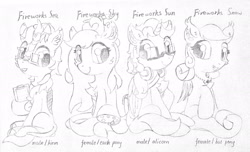 Size: 2356x1432 | Tagged: safe, artist:fireworks sea, derpibooru original, oc, oc:fireworks sea, oc:fireworks sky, oc:fireworks snow, oc:fireworks sun, species:alicorn, species:bat pony, species:earth pony, species:kirin, species:pony, alicorn oc, bat pony oc, female, kirin oc, looking at each other, male, mare, skysun, traditional art