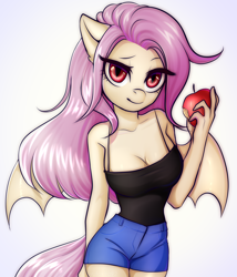 Size: 2742x3200 | Tagged: safe, artist:yutakira92, character:flutterbat, character:fluttershy, species:anthro, species:bat pony, species:pegasus, species:pony, apple, bat ponified, beautiful, big breasts, bitten apple, breasts, busty fluttershy, cleavage, clothing, denim shorts, female, food, lidded eyes, mare, race swap, red eyes, seductive, seductive pose, sexy, shorts, solo, sultry pose