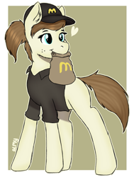 Size: 2263x3000 | Tagged: safe, artist:almond evergrow, oc, species:earth pony, species:pony, clothing, female, hat, heart, mare, mcdonald's, mcdonalds pony, mouth hold, packet, paper bag, ponytail, simple background, uniform