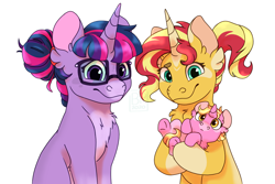 Size: 1500x1000 | Tagged: safe, artist:glitterstar2000, character:luster dawn, character:sunset shimmer, character:twilight sparkle, character:twilight sparkle (scitwi), species:pony, species:unicorn, ship:scitwishimmer, ship:sunsetsparkle, my little pony:equestria girls, baby, baby pony, chest fluff, description at source, digital art, ear fluff, equestria girls ponified, female, glasses, headcanon, lesbian, magical lesbian spawn, mare, offspring, shipping, simple background, unicorn sci-twi, watermark, white background