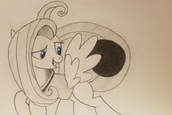 Size: 2048x1364 | Tagged: safe, artist:polar_storm, character:fluttershy, species:pegasus, species:pony, episode:buckball season, g4, my little pony: friendship is magic, blue eyes, buckball, clothing, female, flying, mare, monochrome, neo noir, partial color, shirt, simple background, sketch, solo, traditional art, white background