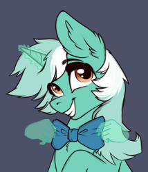 Size: 700x817 | Tagged: safe, artist:28gooddays, character:lyra heartstrings, species:pony, species:unicorn, bow tie, bust, chest fluff, cute, ear fluff, female, gray background, grin, hand, lyrabetes, magic, magic hands, mare, simple background, smiling, solo