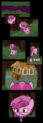Size: 1800x5098 | Tagged: safe, artist:dinkyuniverse, character:ruby pinch, species:pony, species:unicorn, comic:wine essence, aura, comic, cottage, female, filly, foal, forest, grass, green light, grimdark series, house, jewelry, magic, necklace, night, river, ruby, sky, stars, trotting