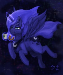 Size: 1077x1280 | Tagged: safe, artist:mik3thestrange, character:princess luna, species:alicorn, species:pony, coffee, cup, donut, female, flying, food, lidded eyes, magic, mare, night, sky, snack, solo, stars, wings