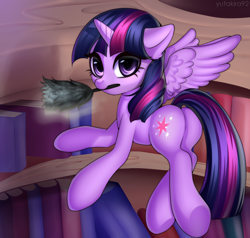 Size: 3172x3024 | Tagged: safe, artist:yutakira92, character:twilight sparkle, character:twilight sparkle (alicorn), species:alicorn, species:pony, book, bookshelf, cleaning, cute, duster, female, flying, golden oaks library, horn, looking at you, looking back, looking back at you, mare, mouth hold, ponytail, rear view, solo, twiabetes, wings