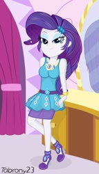 Size: 584x1024 | Tagged: safe, artist:tabrony23, edit, editor:thomasfan45, character:rarity, g4, my little pony: equestria girls, my little pony:equestria girls, barrette, beautiful, bedroom eyes, boutique, bracelet, clothing, curtains, cute, female, geode of shielding, high heels, jewelry, leaning on table, looking at you, magical geodes, mirror, pencil skirt, raribetes, shoes, skirt, smiling, solo