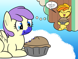 Size: 1600x1200 | Tagged: safe, artist:dinkyuniverse, character:alula, character:pluto, species:earth pony, species:pegasus, species:pony, alula pie, asdfmovie2, blueberry pie, cloud, crush, door, eating, female, filly, foal, food, happy, house, peachy pie, peachyroria, pie, pluto, plutopie, present, shipping, sky, smiling