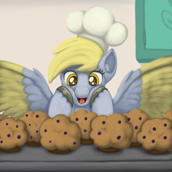 Size: 2000x2000 | Tagged: safe, artist:redquoz, character:derpy hooves, species:pegasus, species:pony, baker, cheek squish, clothing, colored wings, cute, dawwww, derpabetes, ear fluff, female, food, hat, leg fluff, muffin, open mouth, paintstorm studio, spread wings, squishy cheeks, that pony sure does love muffins, tongue out, two toned wings, underp, unshorn fetlocks, wings