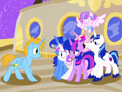 Size: 1024x768 | Tagged: safe, artist:andromedasparkz, character:night light, character:princess cadance, character:princess flurry heart, character:shining armor, character:twilight sparkle, character:twilight sparkle (alicorn), character:twilight velvet, oc, oc:harmony star, species:alicorn, species:pony, episode:once upon a zeppelin, g4, my little pony: friendship is magic, airship, alicorn oc, sparkle family