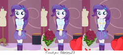 Size: 7374x3343 | Tagged: safe, artist:tabrony23, character:rarity, my little pony:equestria girls, boots, bouquet of flowers, chocolate, clothing, comic, cute, female, food, heart, holiday, looking at you, shoes, smiling, solo, surprised, valentine's day