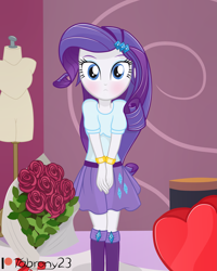 Size: 2461x3075 | Tagged: safe, artist:tabrony23, character:rarity, my little pony:equestria girls, boots, bouquet of flowers, chocolate, clothing, comic, cute, female, food, heart, holiday, looking at you, patreon, patreon logo, shoes, solo, surprised, valentine's day