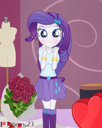 Size: 2461x3075 | Tagged: safe, artist:tabrony23, character:rarity, my little pony:equestria girls, boots, bouquet of flowers, chocolate, clothing, comic, cute, dawwww, female, food, holiday, looking at you, patreon, patreon logo, shoes, smiling, solo, valentine's day