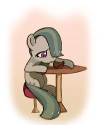 Size: 400x493 | Tagged: safe, artist:andromedasparkz, character:marble pie, species:earth pony, species:pony, episode:hearts and hooves day, g4, my little pony: friendship is magic, chocolate, female, food, lonely, mare, sad, simple background, solo, table