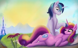 Size: 1920x1198 | Tagged: safe, artist:greenbrothersart, character:princess cadance, character:shining armor, species:alicorn, species:pony, species:unicorn, ship:shiningcadance, crystal empire, female, husband and wife, lying down, male, mare, outdoors, pregnant, shipping, stallion, straight
