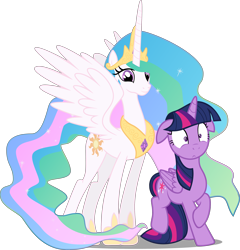 Size: 3830x3996 | Tagged: safe, artist:badumsquish, artist:felix-kot, edit, editor:slayerbvc, character:princess celestia, character:twilight sparkle, character:twilight sparkle (alicorn), species:alicorn, species:pony, celestia is amused, celestia's crown, edited edit, female, floppy ears, hoof shoes, mare, peytral, shocked, smiling, tail between legs, varying degrees of amusement, vector, vector edit