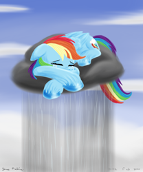 Size: 2000x2400 | Tagged: safe, artist:rockhoppr3, character:rainbow dash, species:pegasus, species:pony, cloud, crying, female, floppy ears, lying on a cloud, mare, on a cloud, rain, raincloud, sad, solo, unshorn fetlocks