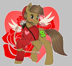 Size: 1200x1110 | Tagged: safe, artist:almond evergrow, oc, oc:almond evergrow, species:earth pony, species:pony, arrow, birthday, blushing, bow, bow (weapon), bow and arrow, clothing, cupid, flower, happy birthday, happy birthday to me, heart, holiday, hoodie, male, rose, stallion, valentine, valentine's day, weapon, wings