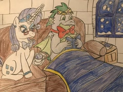 Size: 1280x960 | Tagged: safe, artist:disneymarvel96, character:rarity, character:spike, species:dragon, ship:sparity, book, bow tie, couch, cup, female, glasses, male, older, older spike, reading, shipping, straight, teacup, traditional art, winged spike