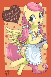 Size: 1200x1800 | Tagged: safe, artist:yanamosuda, character:fluttershy, species:pegasus, species:pony, alternate hairstyle, apron, bipedal, blushing, bow, bowl, chocolate, clothing, cute, female, food, hair bow, heart, holiday, hoof hold, looking at you, mare, mixing bowl, open mouth, pigtails, shyabetes, solo, spread wings, twintails, valentine's day, wings