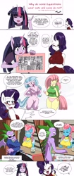 Size: 2447x5810 | Tagged: safe, artist:traupa, character:cup cake, character:fluttershy, character:rarity, character:silverstream, character:spike, character:twilight sparkle, species:anthro, barbie doll anatomy, big breasts, blushing, breasts, busty cup cake, busty fluttershy, busty rarity, busty silverstream, clothing, comic, digital art, embarrassed, embarrassed underwear exposure, featureless breasts, featureless crotch, female, nudity, older, older spike, panties, pink underwear, underwear, we don't normally wear clothes
