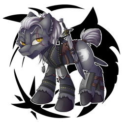 Size: 900x900 | Tagged: safe, artist:mychelle, species:earth pony, species:pony, armor, geralt of rivia, knife, male, ponified, simple background, solo, stallion, the witcher, transparent background