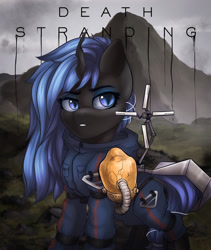 Size: 1600x1900 | Tagged: safe, artist:falafeljake, oc, oc only, oc:queen lahmia, blue changeling, bridge baby, changeling queen, changeling queen oc, death stranding, ych result