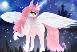 Size: 1200x800 | Tagged: safe, artist:almond evergrow, species:alicorn, species:pony, castle, chest fluff, cursed, cursed image, eyeshadow, female, fluffy, furby, glow, glowing horn, god is dead, hoof fluff, horn, leg fluff, lidded eyes, looking at you, magic, magical, makeup, mare, moon, mythical, night, not salmon, open mouth, parody, raised hoof, silhouette, smiling, solo, spread wings, unshorn fetlocks, wat, what has science done, where is your god now?, wing fluff, wings, wtf