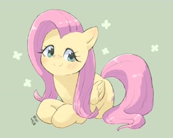 Size: 3115x2478 | Tagged: safe, artist:yanamosuda, character:fluttershy, species:pegasus, species:pony, blushing, cute, female, folded wings, green background, looking at you, mare, prone, shyabetes, simple background, smiling, solo, three quarter view, wings