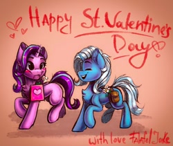 Size: 1024x863 | Tagged: safe, artist:falafeljake, character:starlight glimmer, character:trixie, species:pony, species:unicorn, ship:startrix, chest fluff, female, holiday, lesbian, mare, mouth hold, shipping, smiling, valentine's day