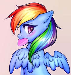Size: 1932x2048 | Tagged: safe, artist:yutakira92, character:rainbow dash, species:pegasus, species:pony, blushing, cute, dashabetes, dawwww, ear fluff, female, heart, heart eyes, looking back, mare, mouth hold, pretty, profile, rear view, solo, spread wings, tan background, wingding eyes, wings