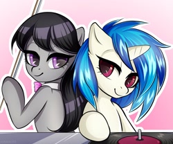 Size: 2048x1702 | Tagged: safe, artist:yutakira92, character:dj pon-3, character:octavia melody, character:vinyl scratch, species:earth pony, species:pony, species:unicorn, bow (instrument), bust, cute, dj booth, duo, ear fluff, female, lidded eyes, mare, pink background, red eyes, simple background, turntable, vinyl disc