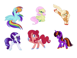 Size: 2821x2125 | Tagged: safe, artist:andromedasparkz, character:applejack, character:fluttershy, character:pinkie pie, character:rainbow dash, character:rarity, character:twilight sparkle, species:earth pony, species:pegasus, species:pony, species:unicorn, g5 leak, leak, applejack (g5), coat markings, female, fluttershy (g5), hooves, mane six, mane six (g5 leak), mare, pinkie pie (g5), rainbow dash (g5), rarity (g5), rearing, redesign, simple background, smiling, smirk, spread wings, transparent background, twilight sparkle (g5), wings